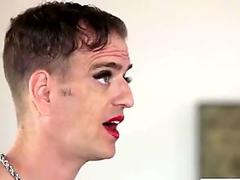 Crossdresser gets banged by busty tranny on bed